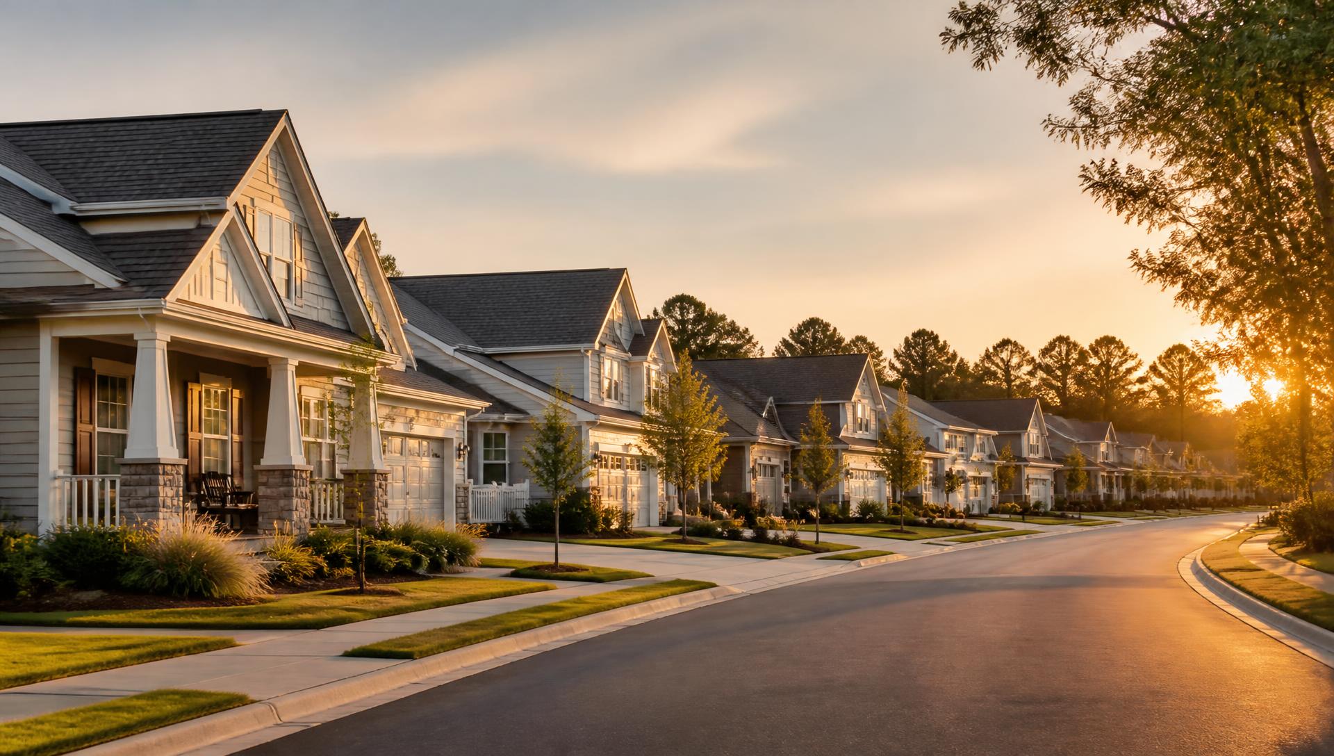 A quiet street of single-family homes at golden hour